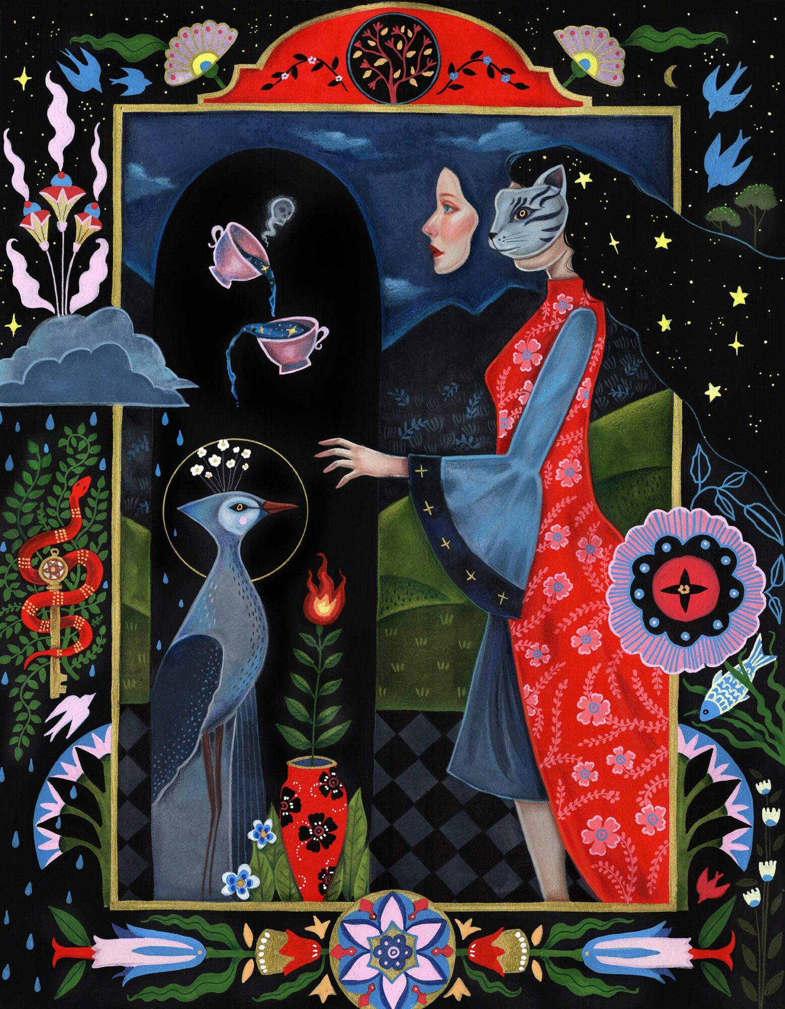 A woman with a bird-like face and a snake head, wearing a red and blue kimono, stands in a colorful, surreal landscape with flowers, animals, and celestial elements.