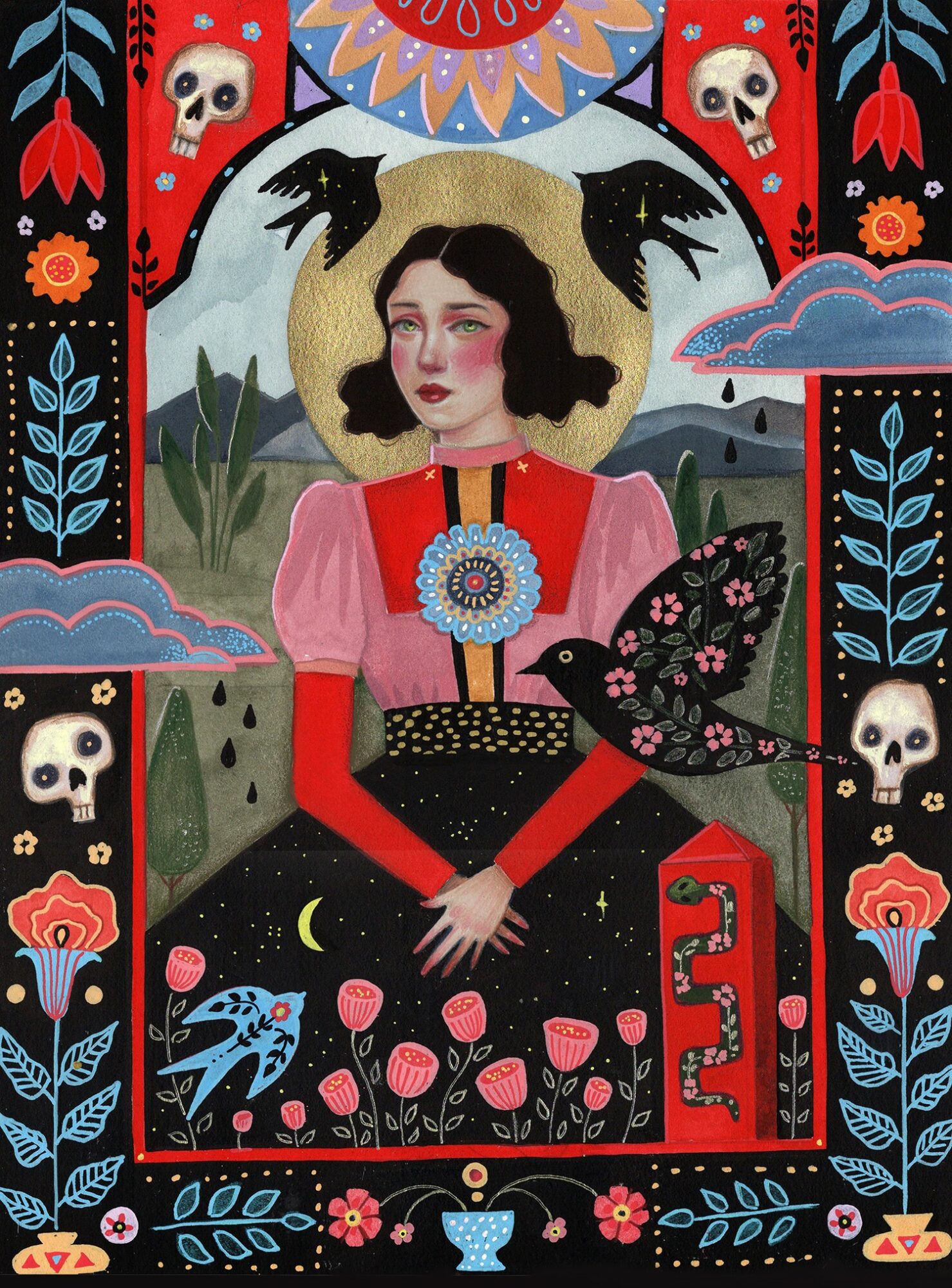 Young woman with dark hair, wearing a red and pink dress, holding a flower, surrounded by skulls, flowers, and decorative patterns.