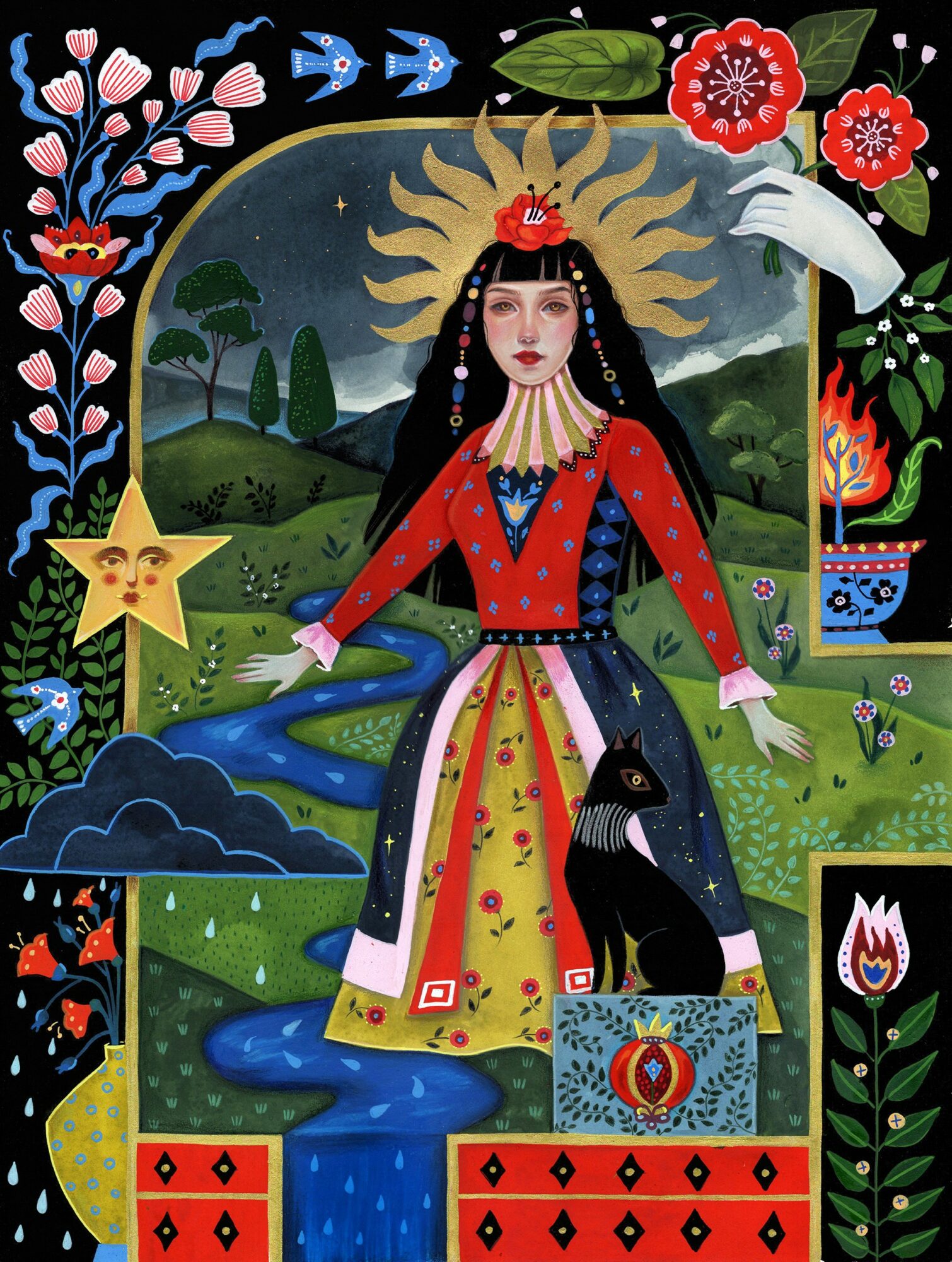A woman with a sun halo, wearing a red dress, standing in a colorful landscape with flowers, a star, and a black cat.