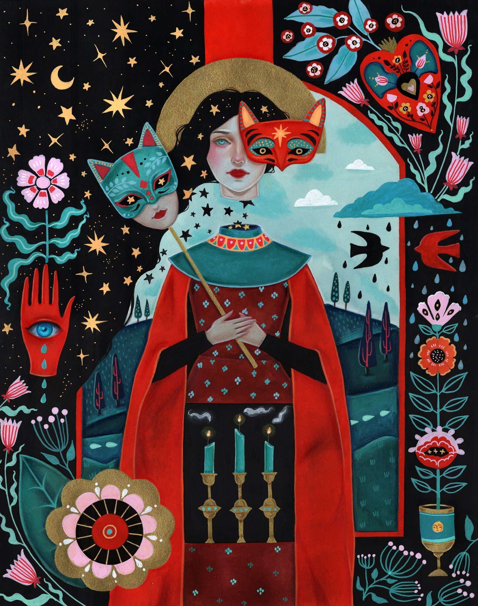 A woman with two colorful cat masks on her face, holding a string of candles, surrounded by flowers, stars, and a landscape with a river and trees.