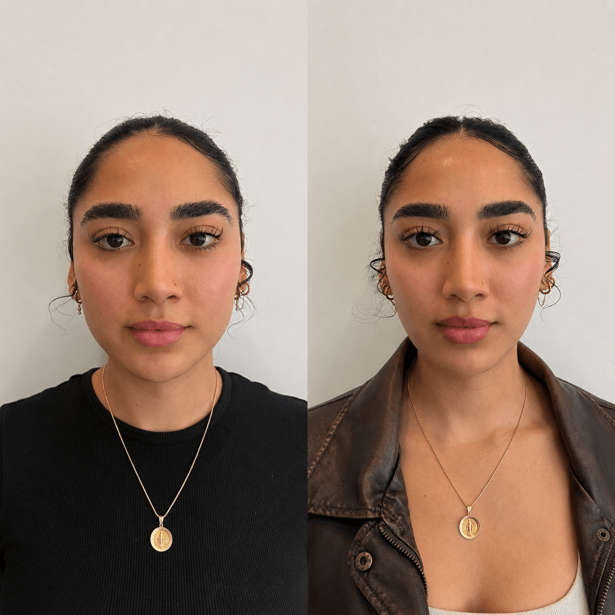 Two side-by-side portraits of a young woman with dark hair, wearing a necklace, in different outfits, against a plain background.