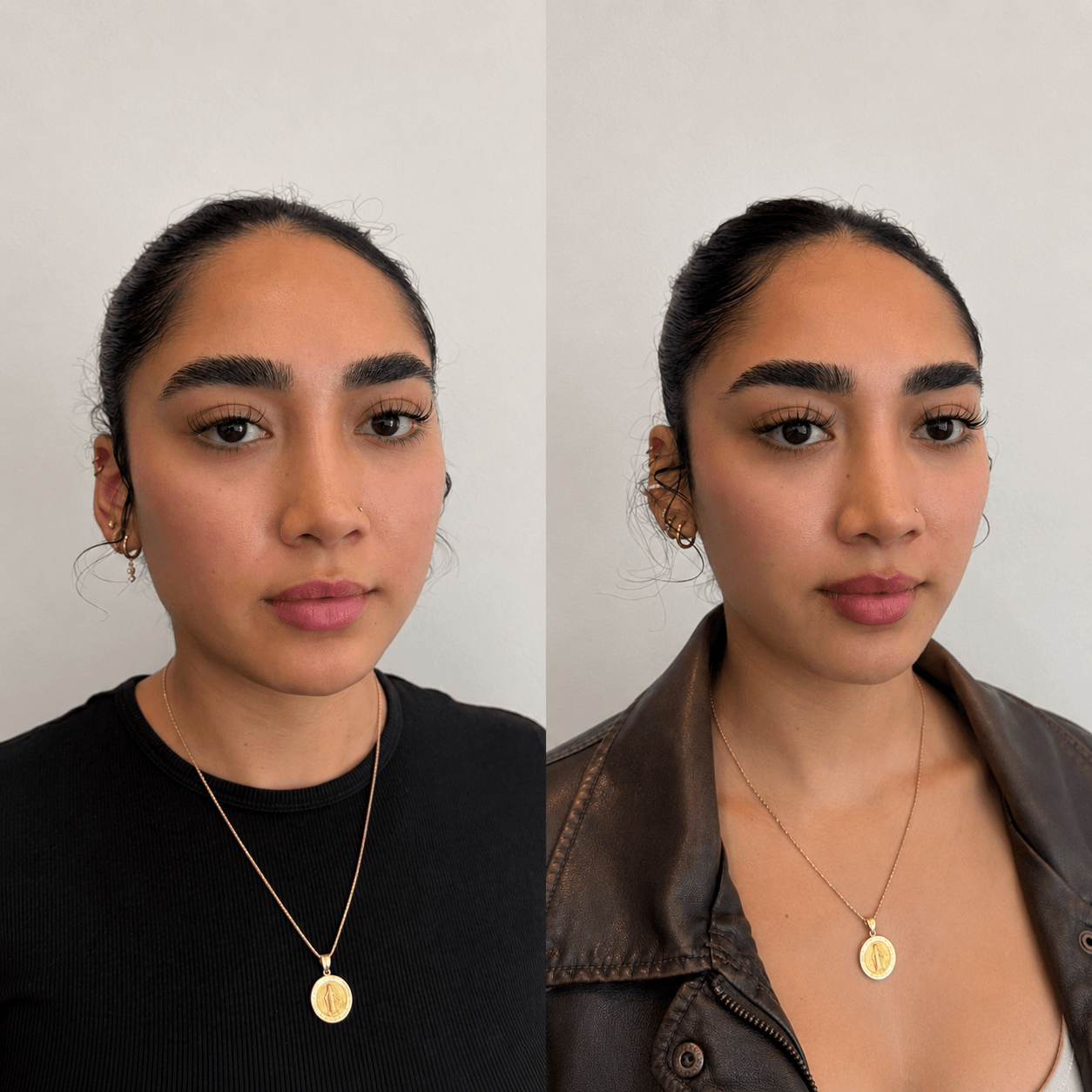 Side-by-side images of a woman with dark hair, wearing a black top and a leather jacket, with a gold necklace. Word count: 20