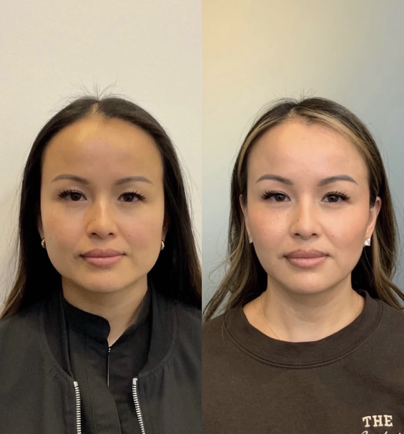 Side-by-side comparison of a woman with long dark hair before and after makeup, smiling slightly, wearing a black jacket and a brown shirt.