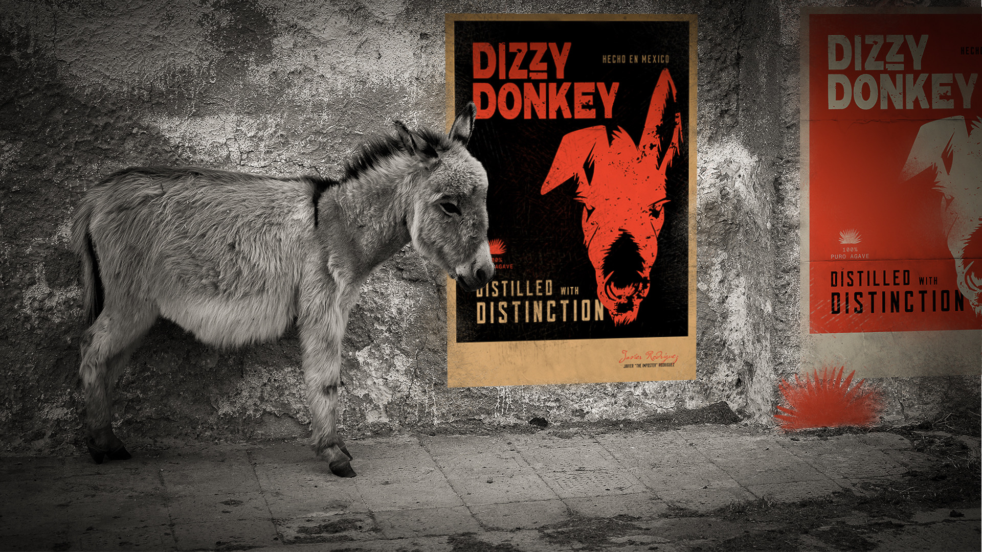 A goat standing next to a poster of Dizzy Donkey on a rough wall, with a red stain on the ground.