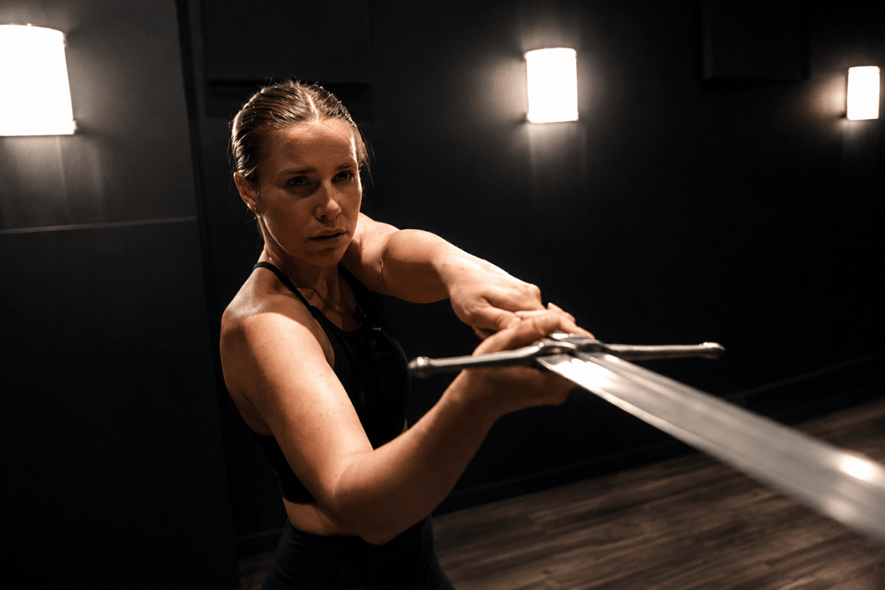 Woman in black top holding a sword in a dark room with wall lights, looking at the camera.