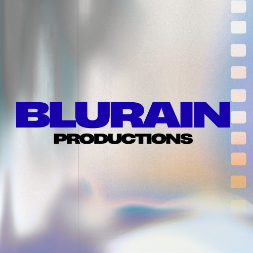 Logo with the words 'BLURAIN PRODUCTIONS' in bold blue and black text on a blurred background.