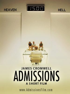 A person sits at a desk facing two individuals on a platform, with a digital clock showing 15:00 above. Words 'HEAVEN' and 'HELL' are on either side. Text includes 'James Cromwell', 'Admissions', and a website link.