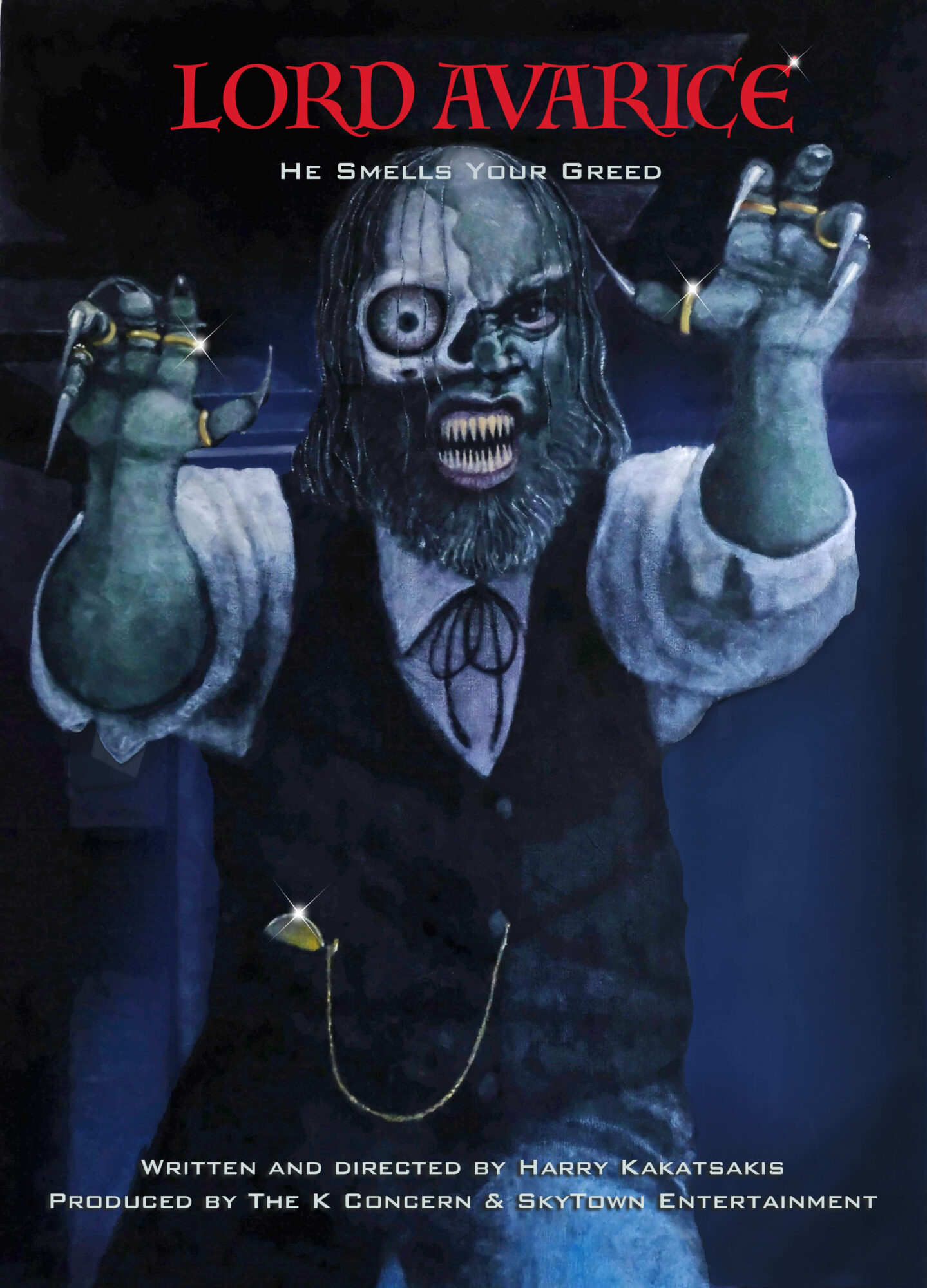 A zombie-like figure with a skull face, outstretched arms, and tattered clothing, against a dark background.