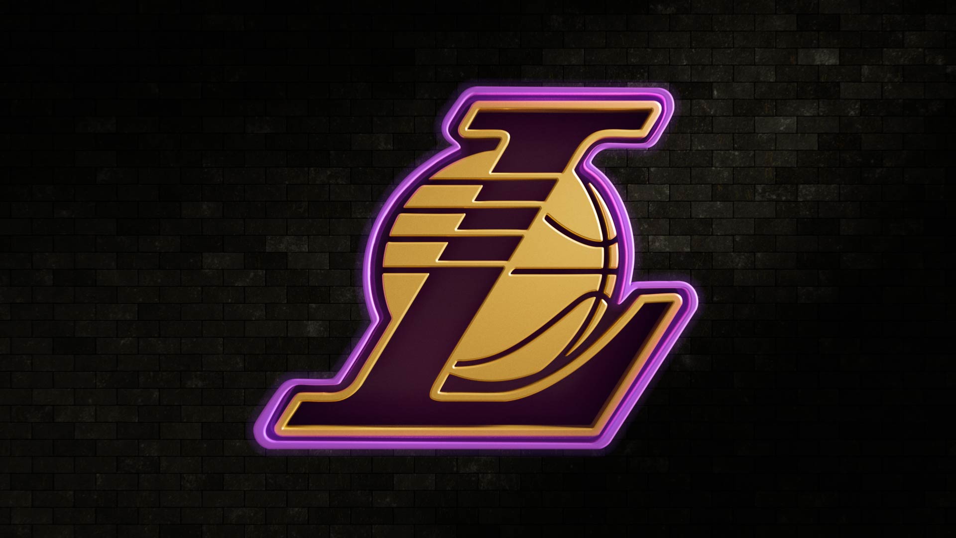 Lakers logo with purple and gold colors on a dark background
