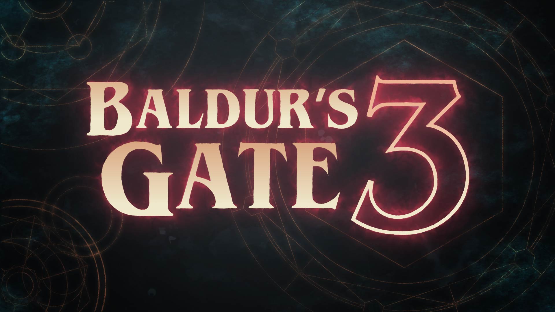 Title screen with the text 'Baldur's Gate 3' in stylized font, glowing against a dark background.