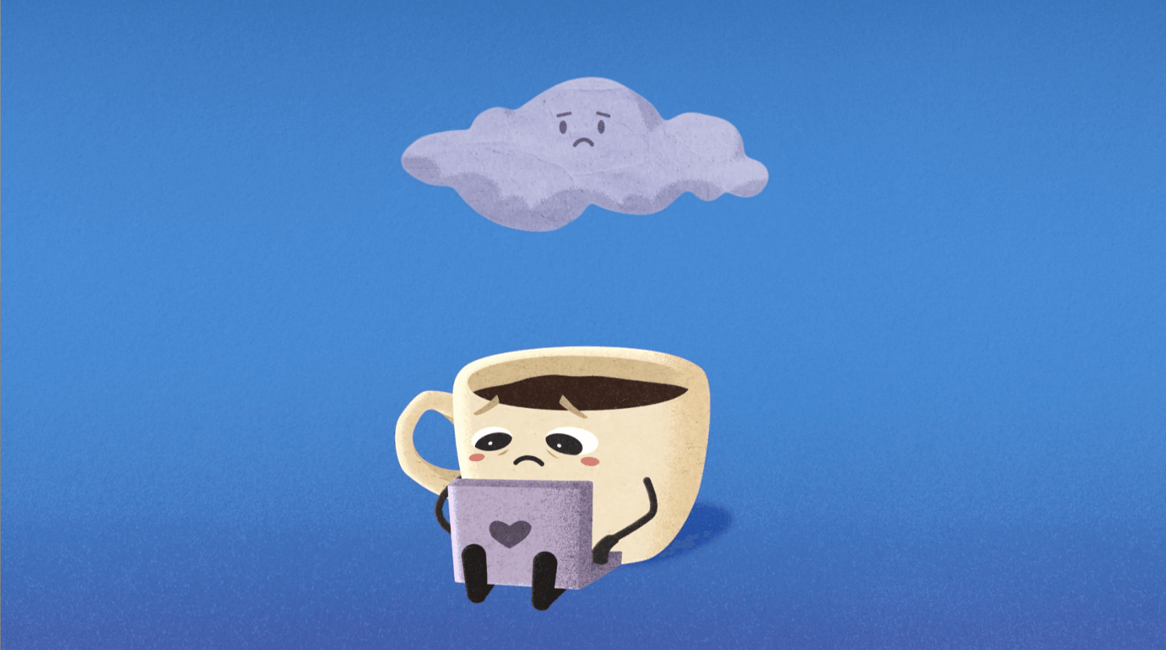 Cartoon coffee cup with a face, holding a book, under a smiling cloud in a blue sky.