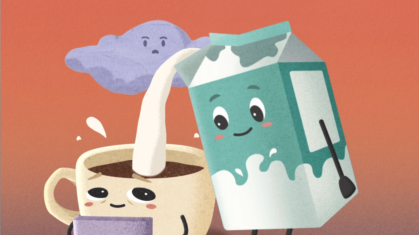 Cartoon milk carton and coffee cup with smiling faces, a cloud in the background, on a warm background.