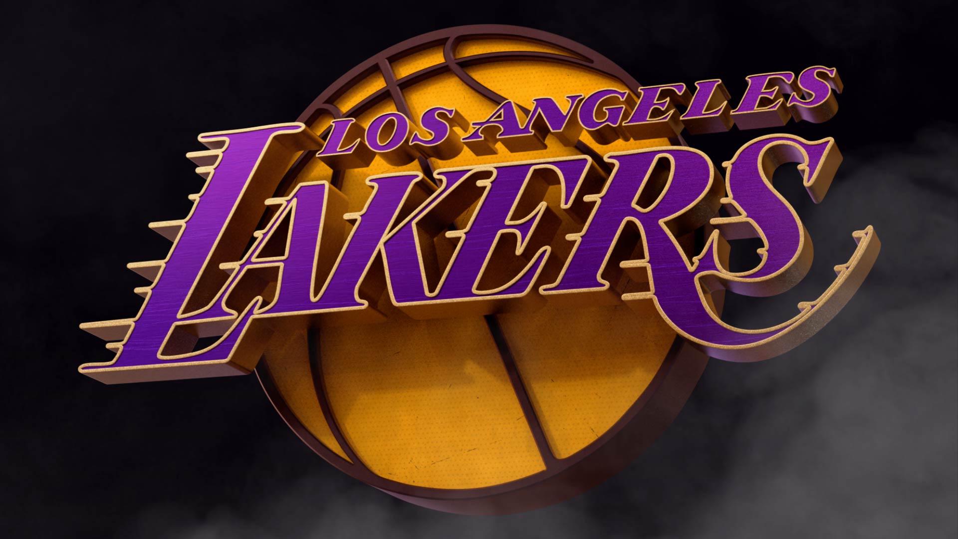 Los Angeles Lakers logo with purple and gold colors, basketball background, and team name text.