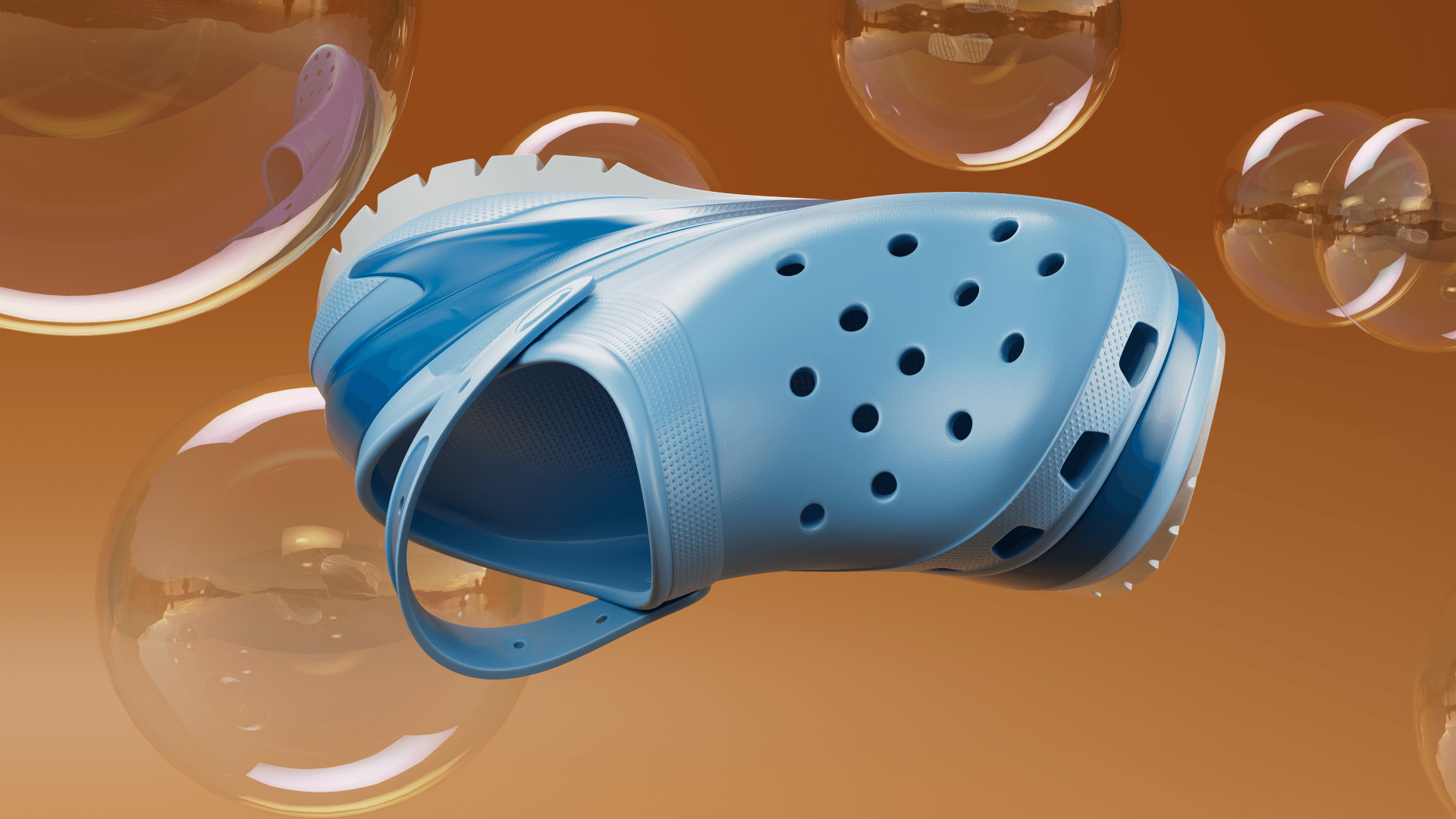 Blue rubber shoe with holes, floating among bubbles on a brown background.