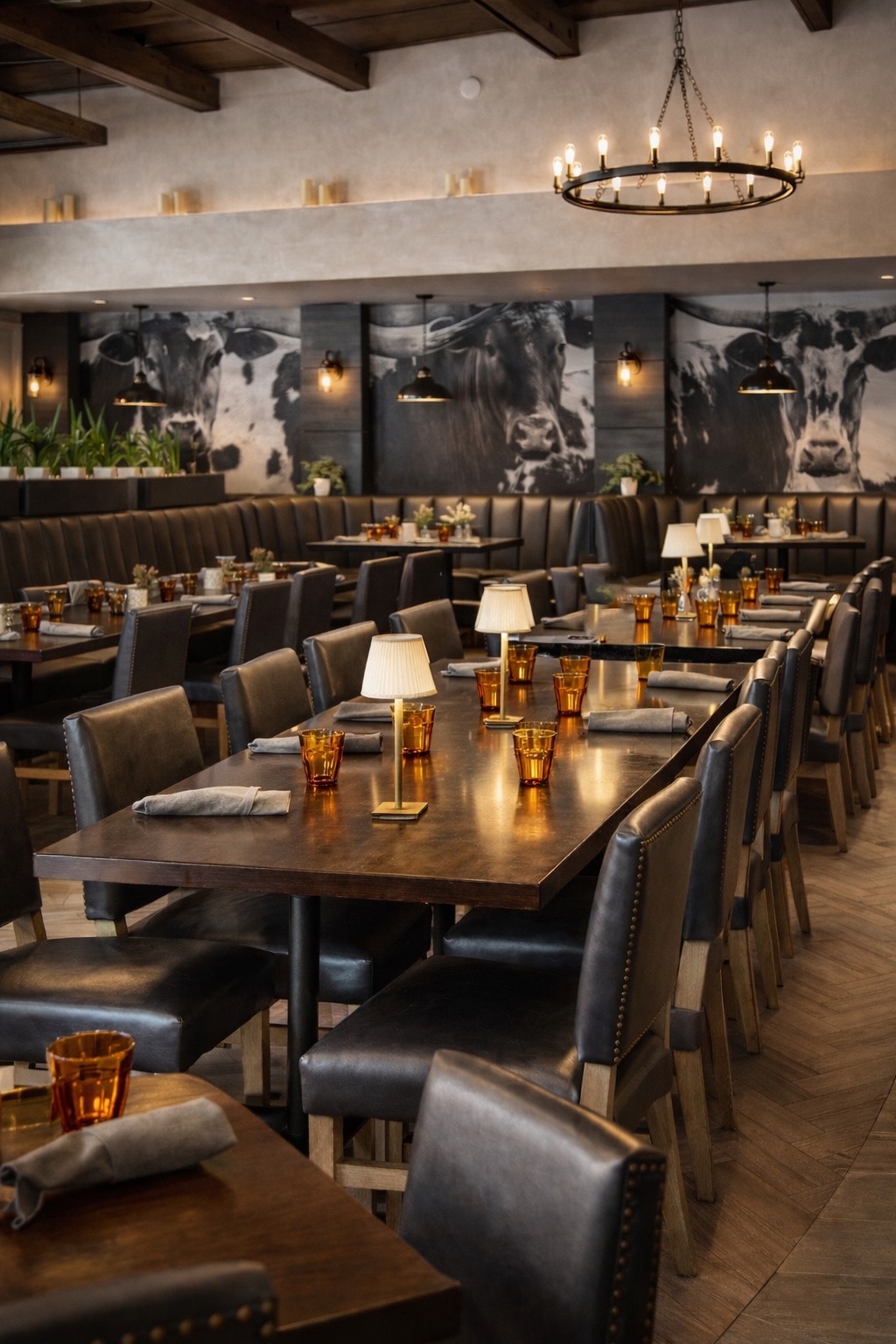 Restaurant interior with long wooden tables, black chairs, candles, and cow artwork on the wall.