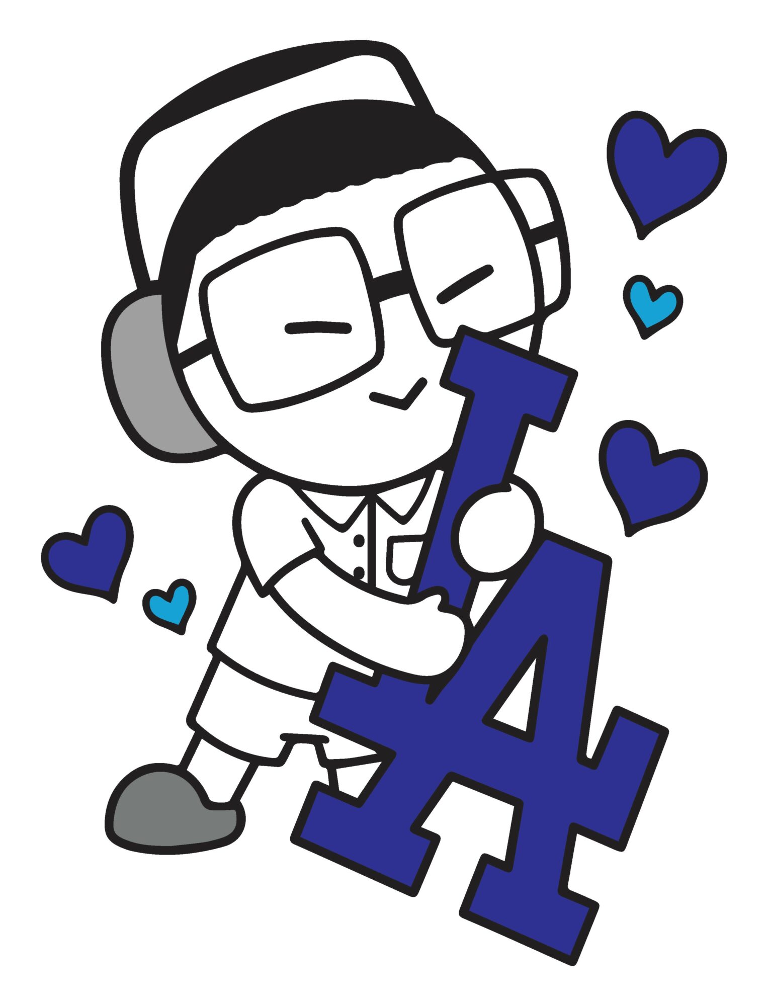 Cartoon character with glasses and headphones holding a large blue letter A, surrounded by blue hearts.