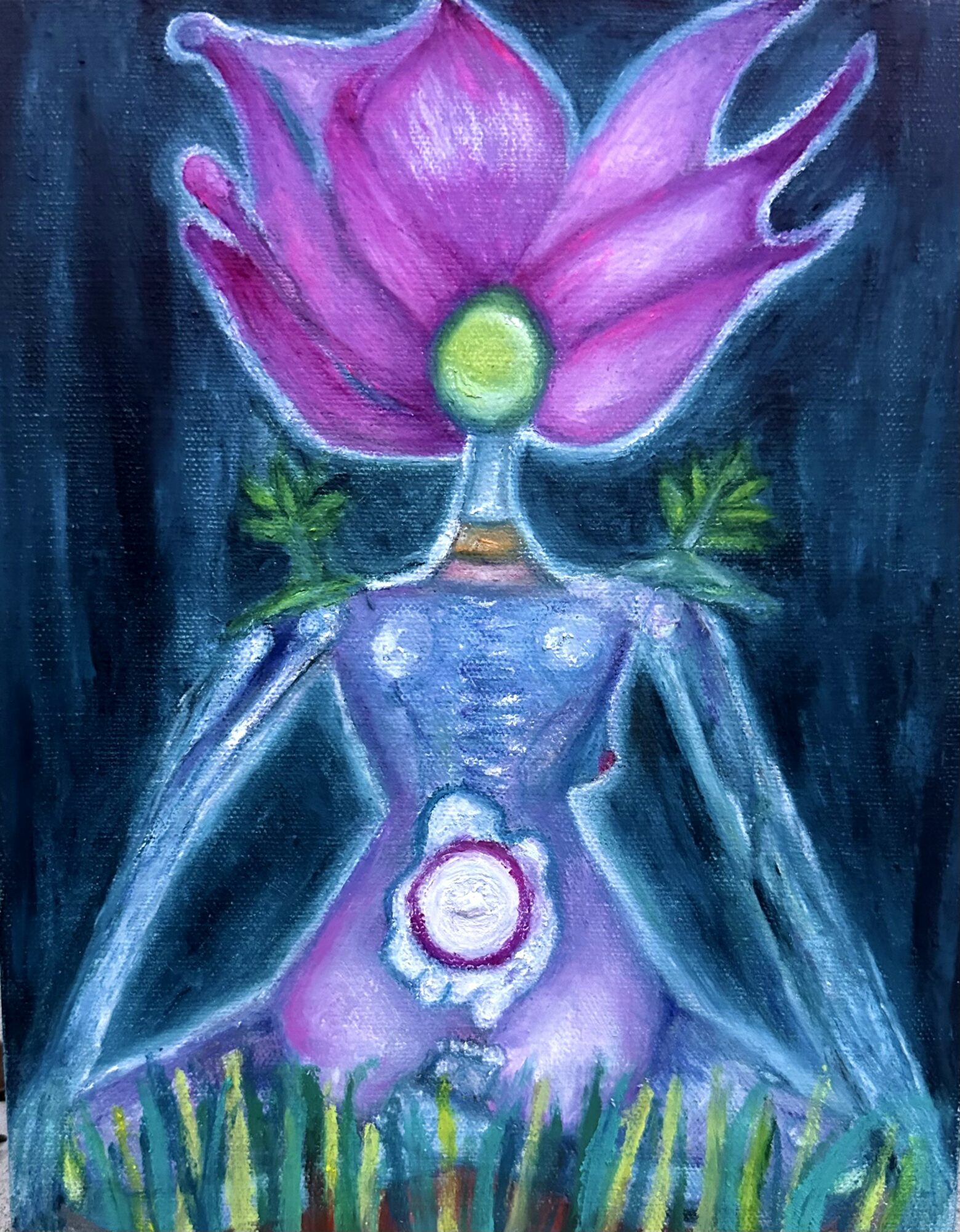 Abstract figure with a large pink flower as a head, green face, and a purple body with a flower on the abdomen, surrounded by colorful grass.
