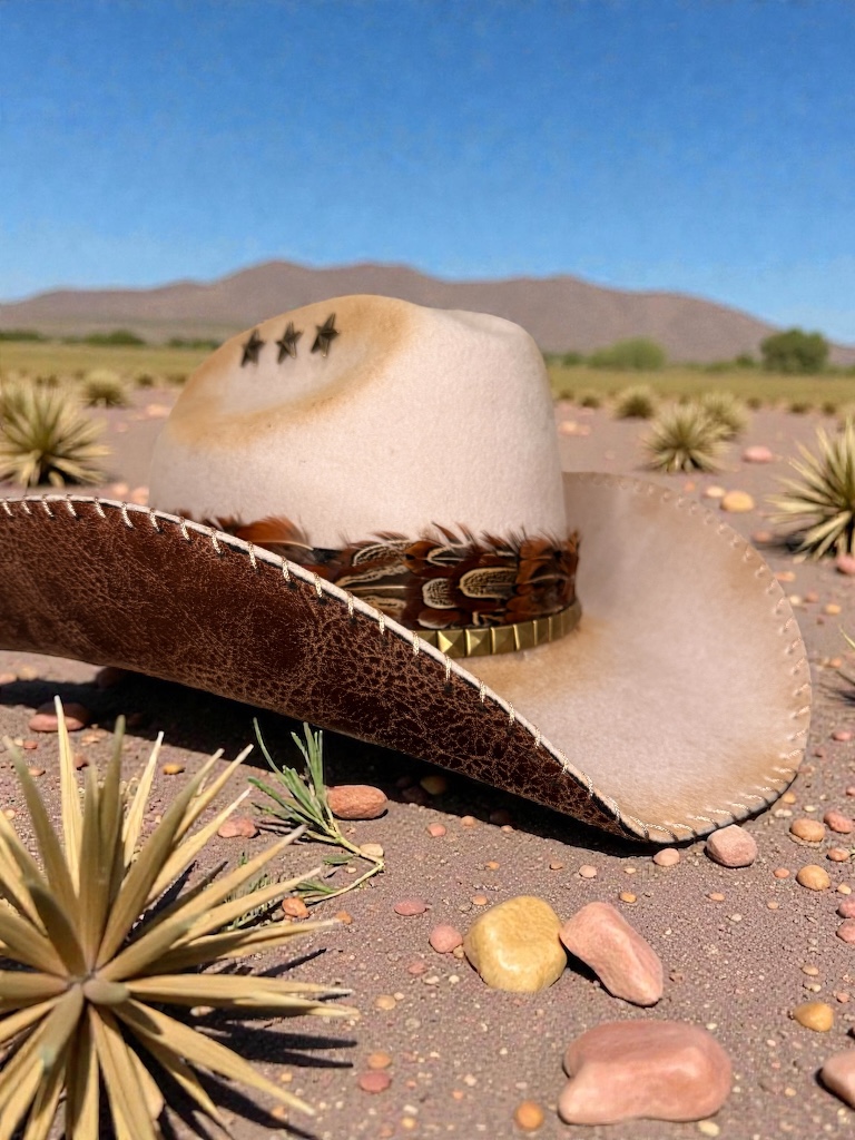 Cowboy hat with a wide brim and decorative band, lying on desert ground with plants and rocks, mountains in background.