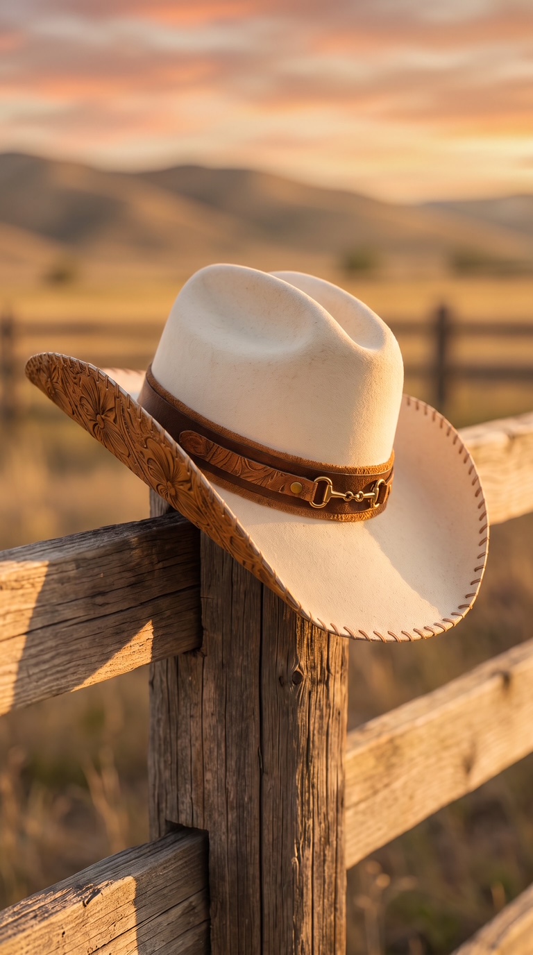 A cowboy hat with a brown band resting on a wooden fence post outdoors during sunset.