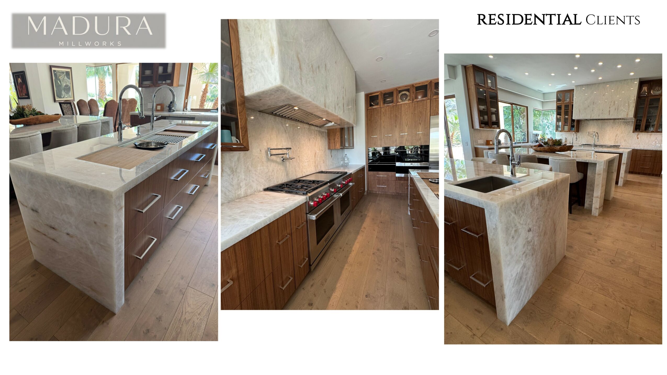 Three kitchen images showing countertops, cabinets, and appliances in a modern home, with natural light and wooden floors.
