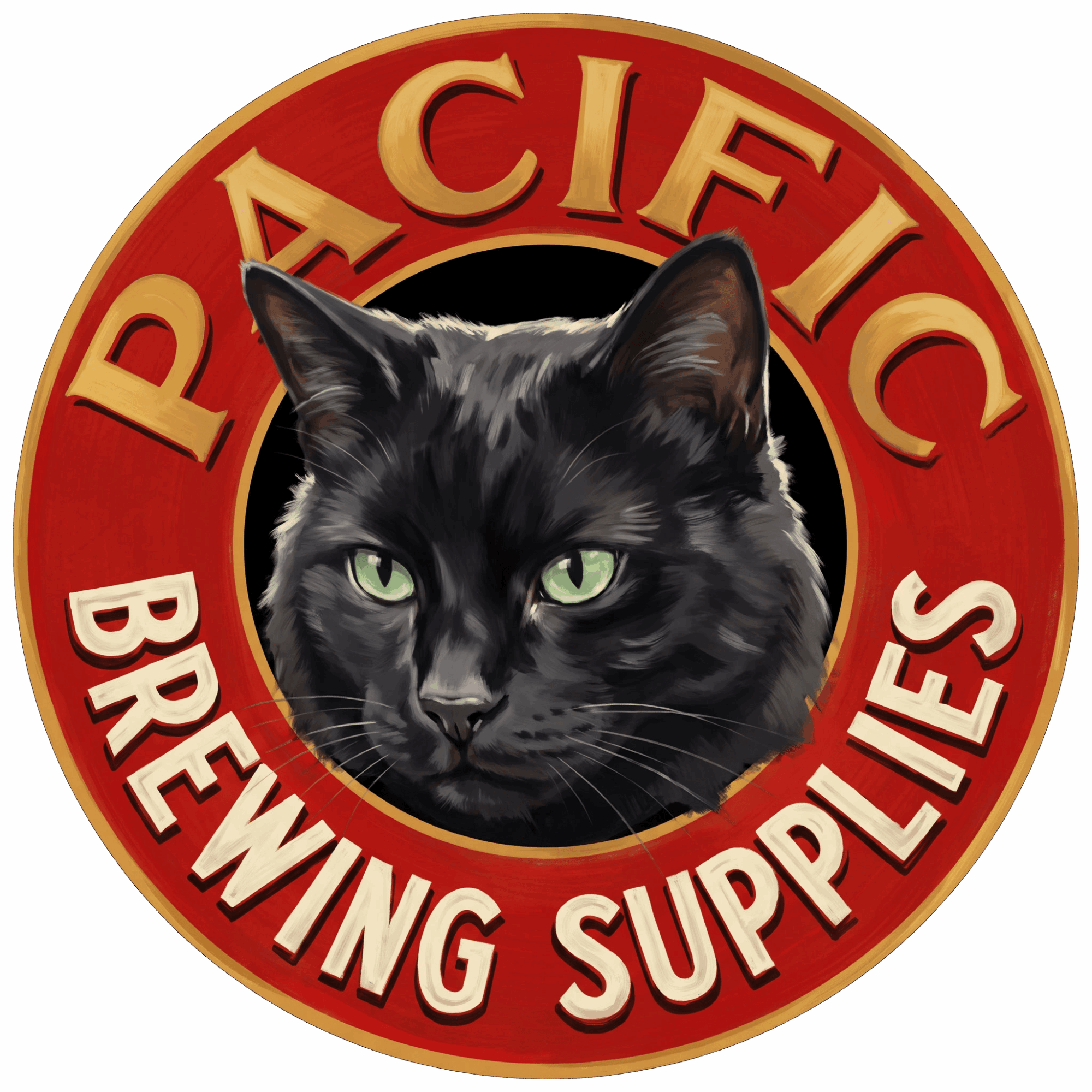 Black cat with green eyes in front of a circular logo with red and gold colors, reading Pacific Brewing Supplies.