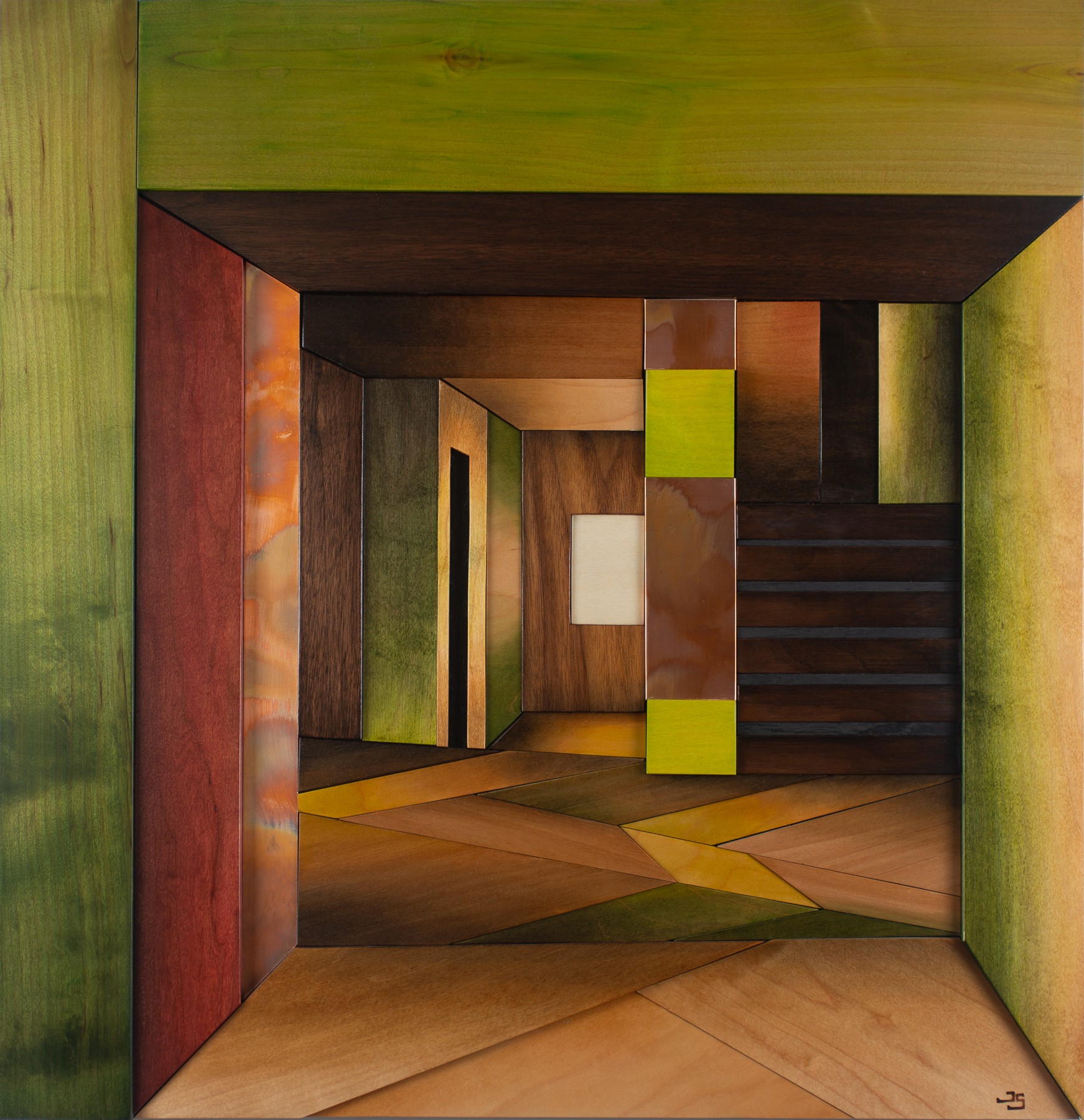 Interior view of a modern space with colorful walls, stairs, and geometric flooring patterns.