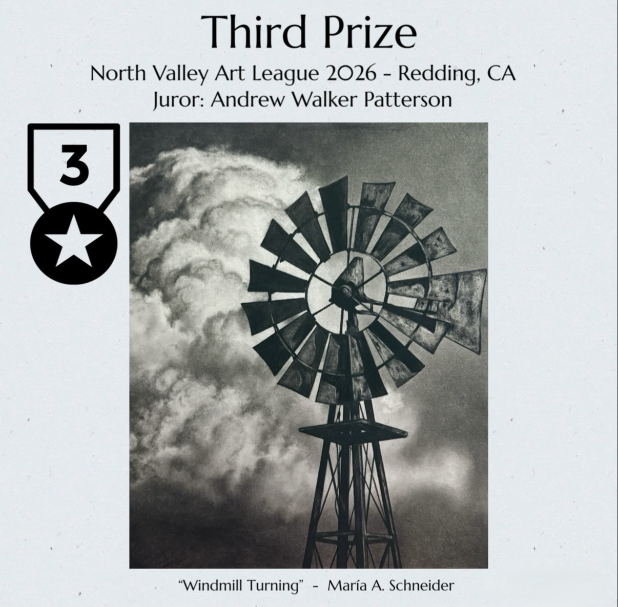 Certificate of third prize awarded to Maria A. Schneider for windmill turning artwork, with a windmill image and cloud background.