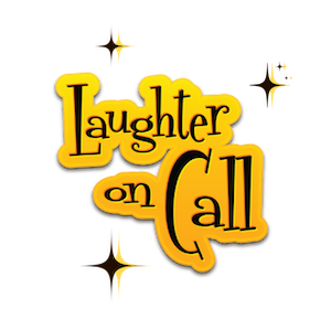 Text reads 'Laughter on Call' in yellow and black with star-like sparkles on a black background.
