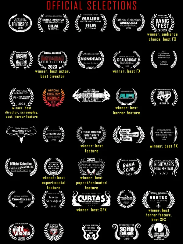Collection of film festival award logos and titles, mostly black backgrounds with white and red text, some with laurels and trophies.