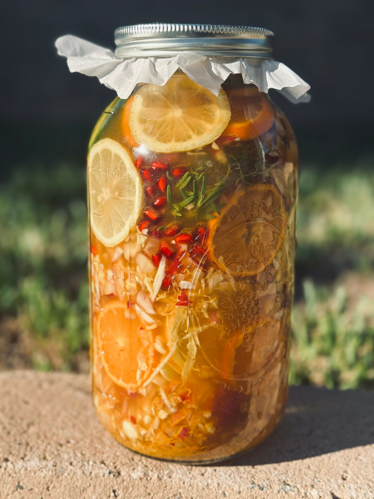 A jar filled with sliced citrus fruits, herbs, and liquid, sealed with a paper cover, outdoors on a sunny day.
