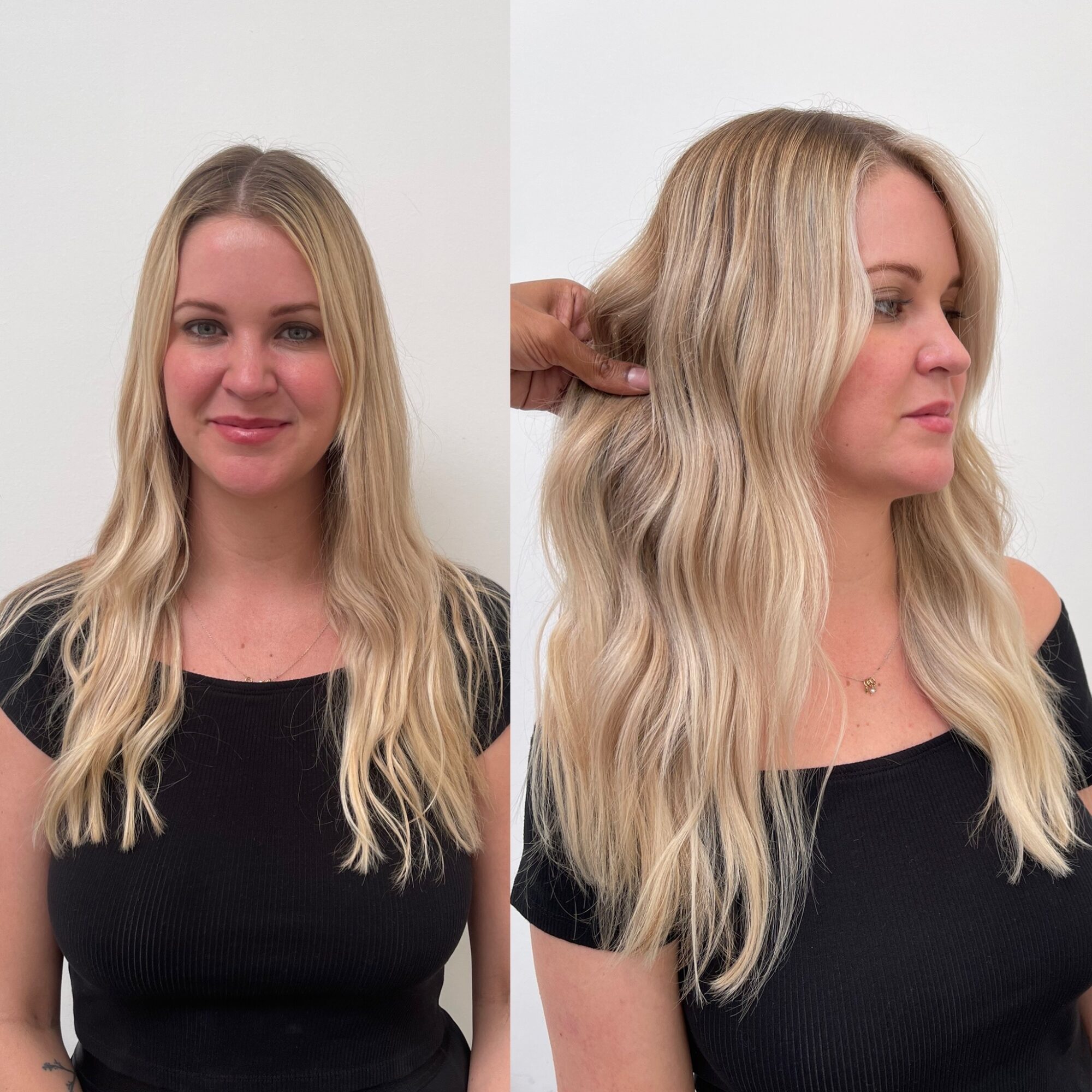 Side and front view of a woman with long blonde wavy hair wearing a black top, smiling and looking at the camera.