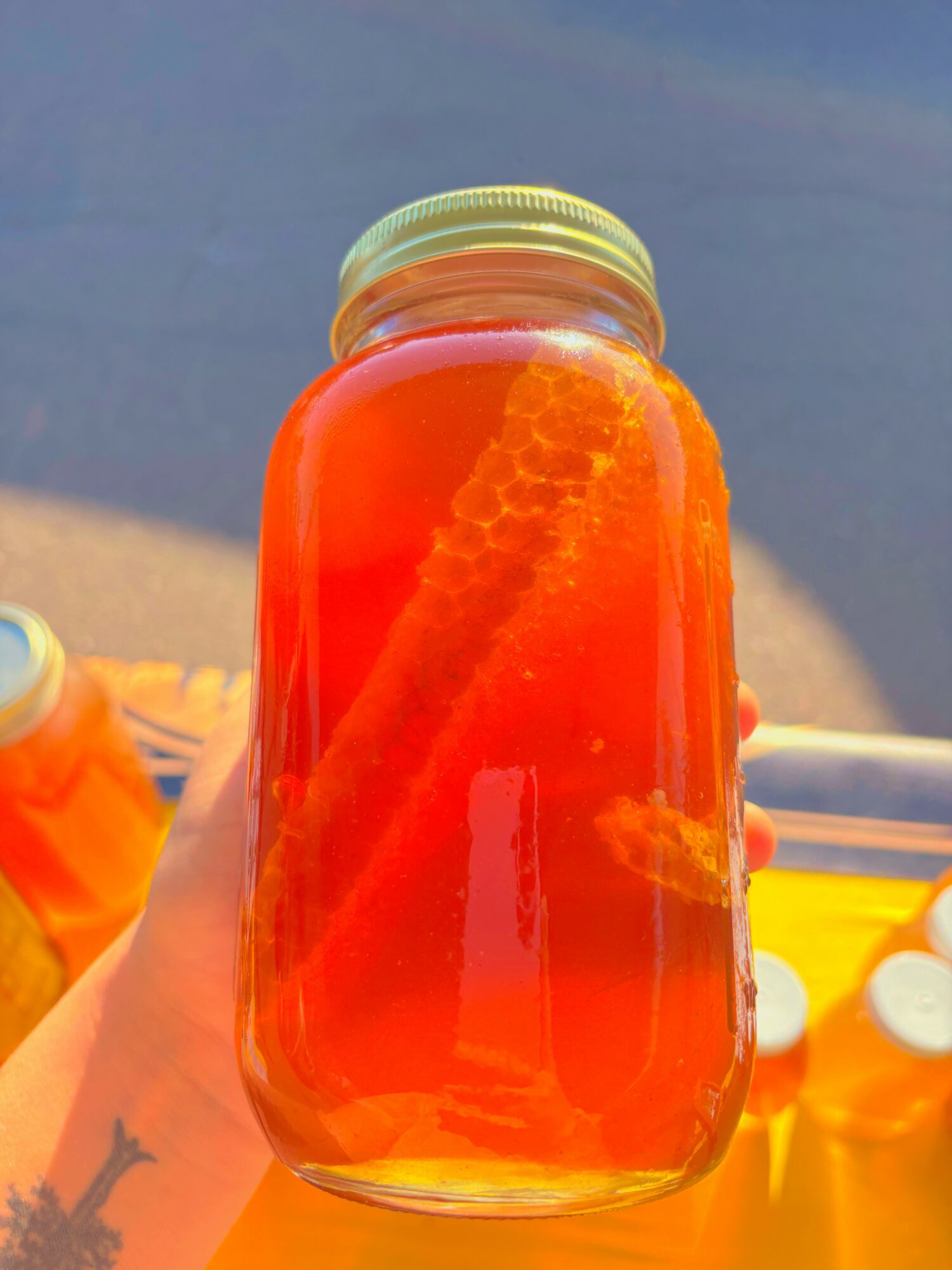 A jar filled with orange liquid and a lemon slice inside, held outdoors with a blurred background.