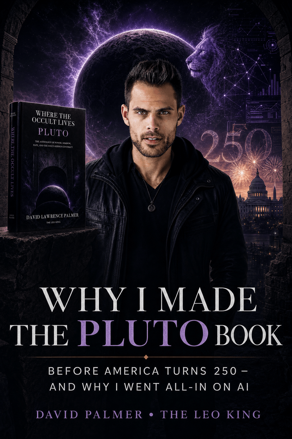 Man with dark hair and beard in front of space-themed background, book cover titled 'Why I Made the Pluto Book', 20 words.