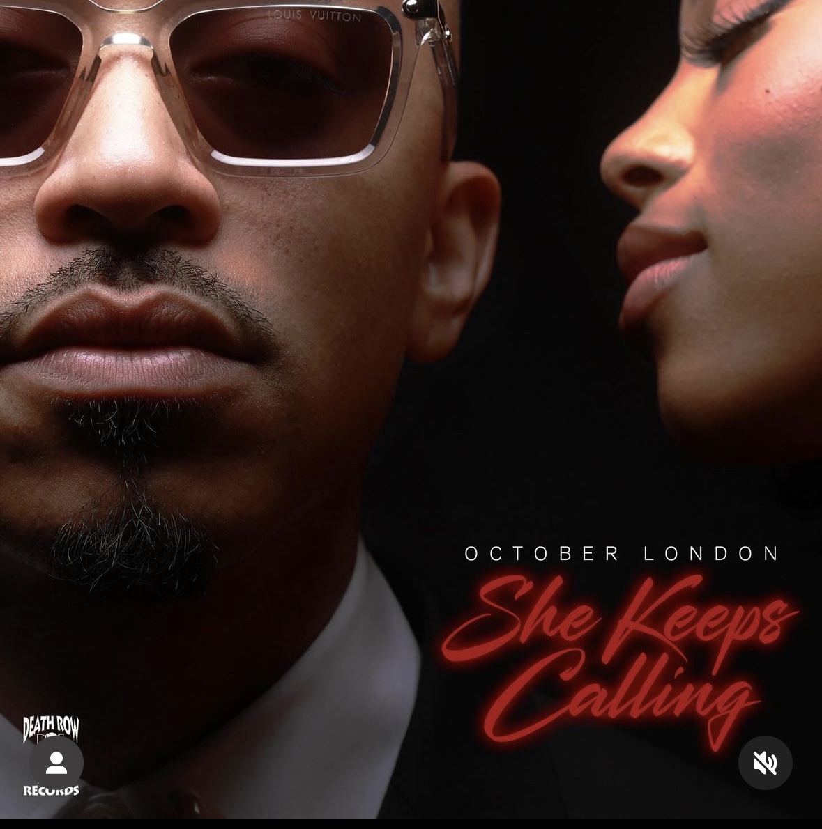 Close-up of a man wearing sunglasses and a woman with makeup, with text 'She Keeps Calling' and 'October London'.