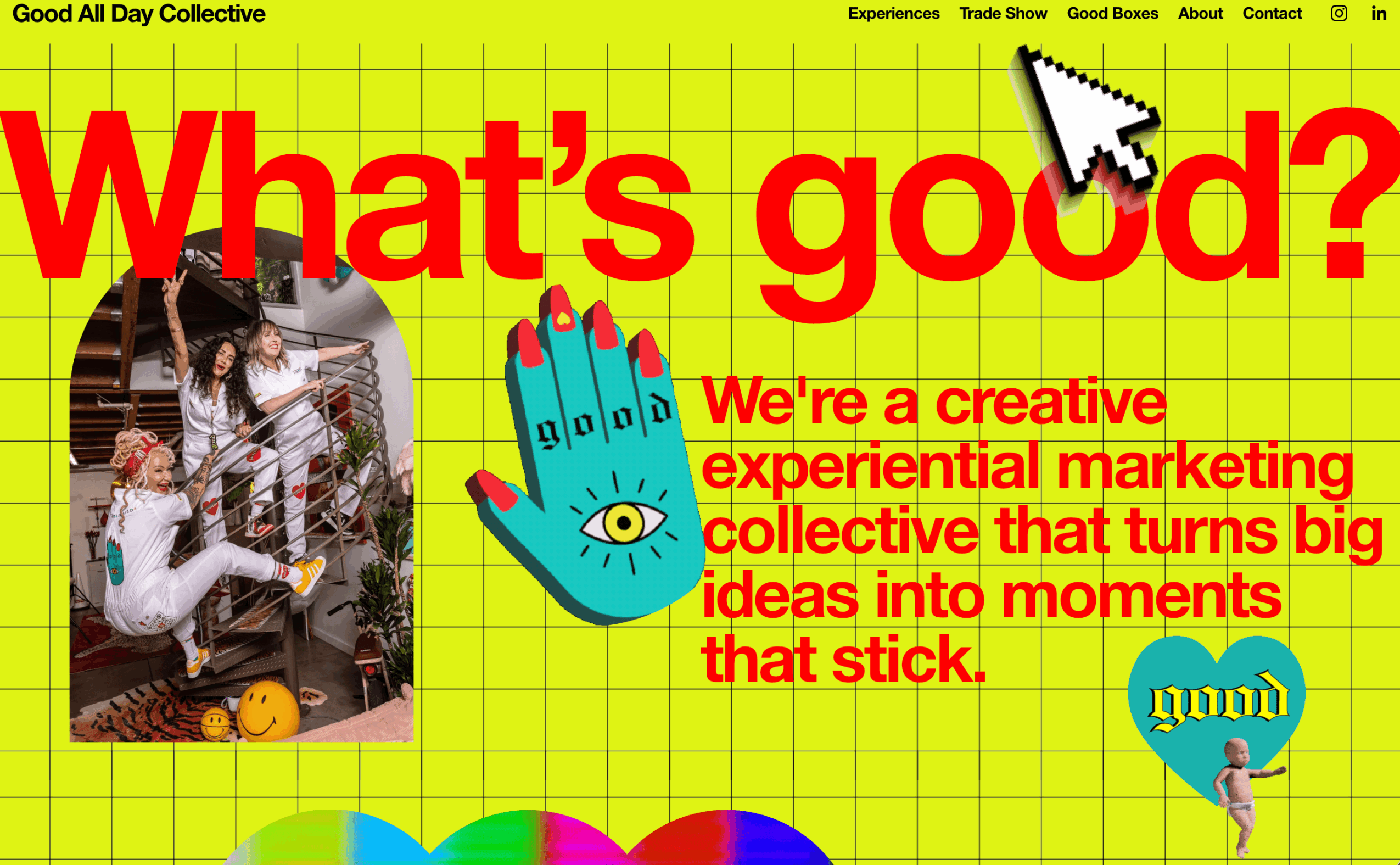 Bright yellow grid background with large red text asking 'What's good?' and a colorful hand with an eye, plus a photo of children playing.