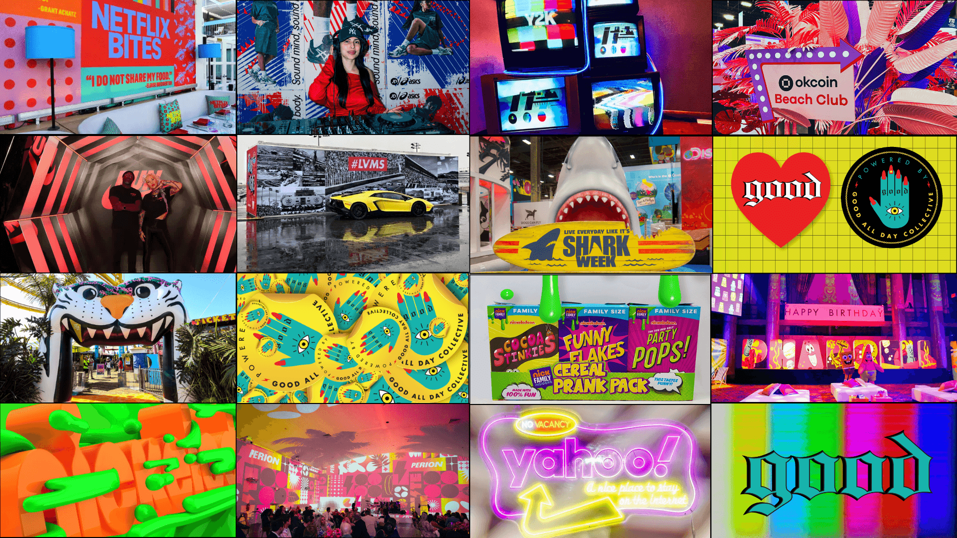 Collage of various colorful images including screens, animals, cars, and logos, with vibrant patterns and neon signs.