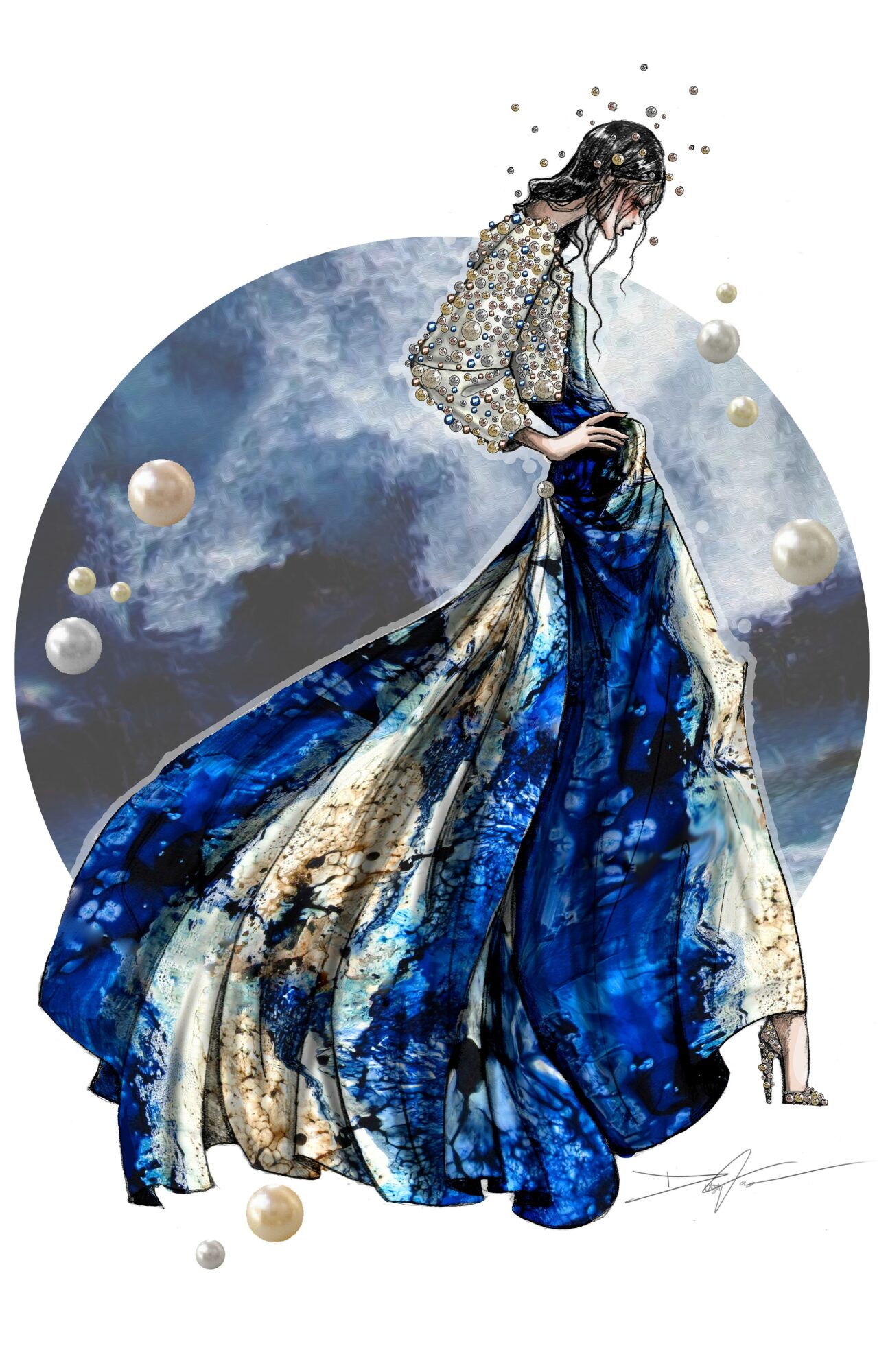 A woman in a flowing blue and beige dress stands against a circular background with floating spheres.