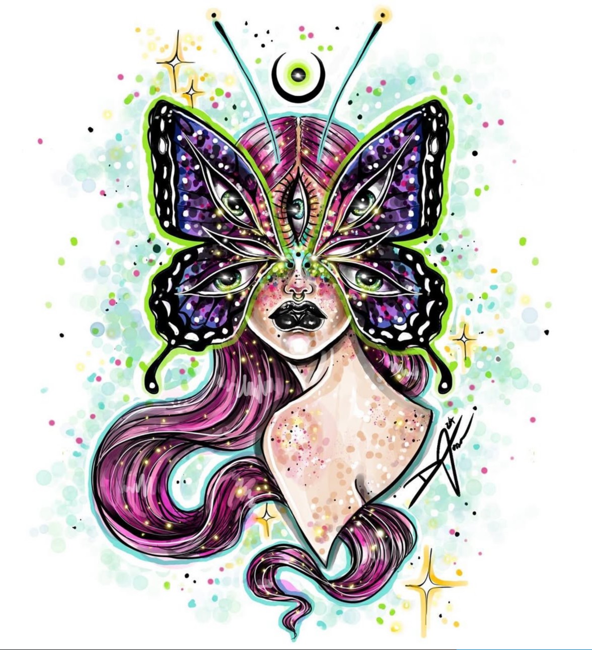 A woman with long purple hair has a butterfly mask with intricate purple, black, and white patterns covering her face and eyes.