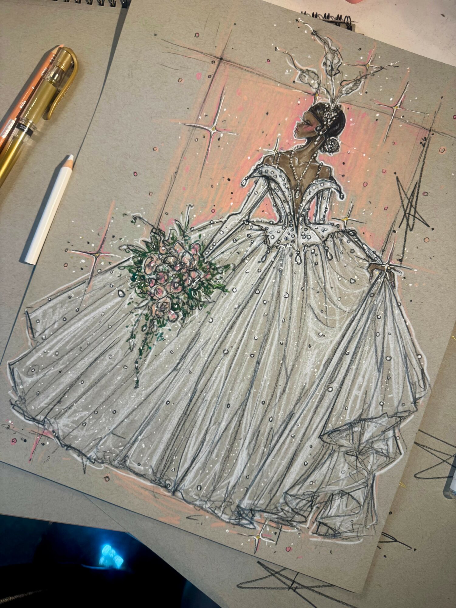 Fashion illustration of a woman in an elaborate gown holding a bouquet, with a decorative headpiece and detailed dress design.