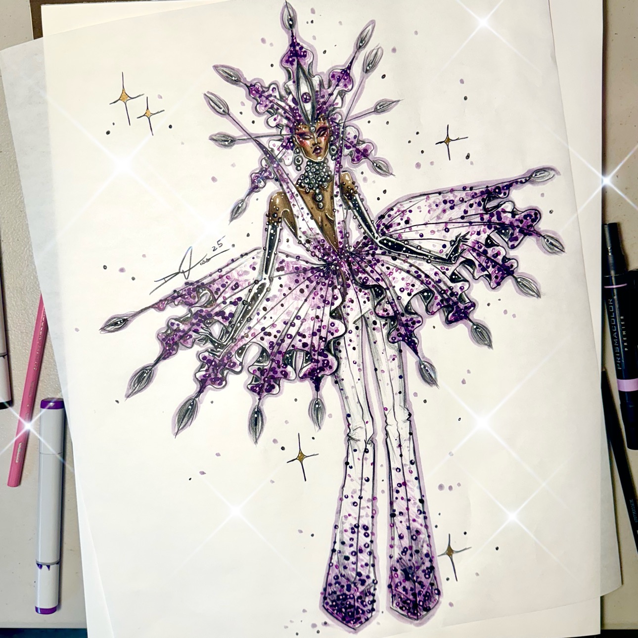 A detailed illustration of a fantasy character with a purple and silver dress, headdress, and wings, surrounded by stars.