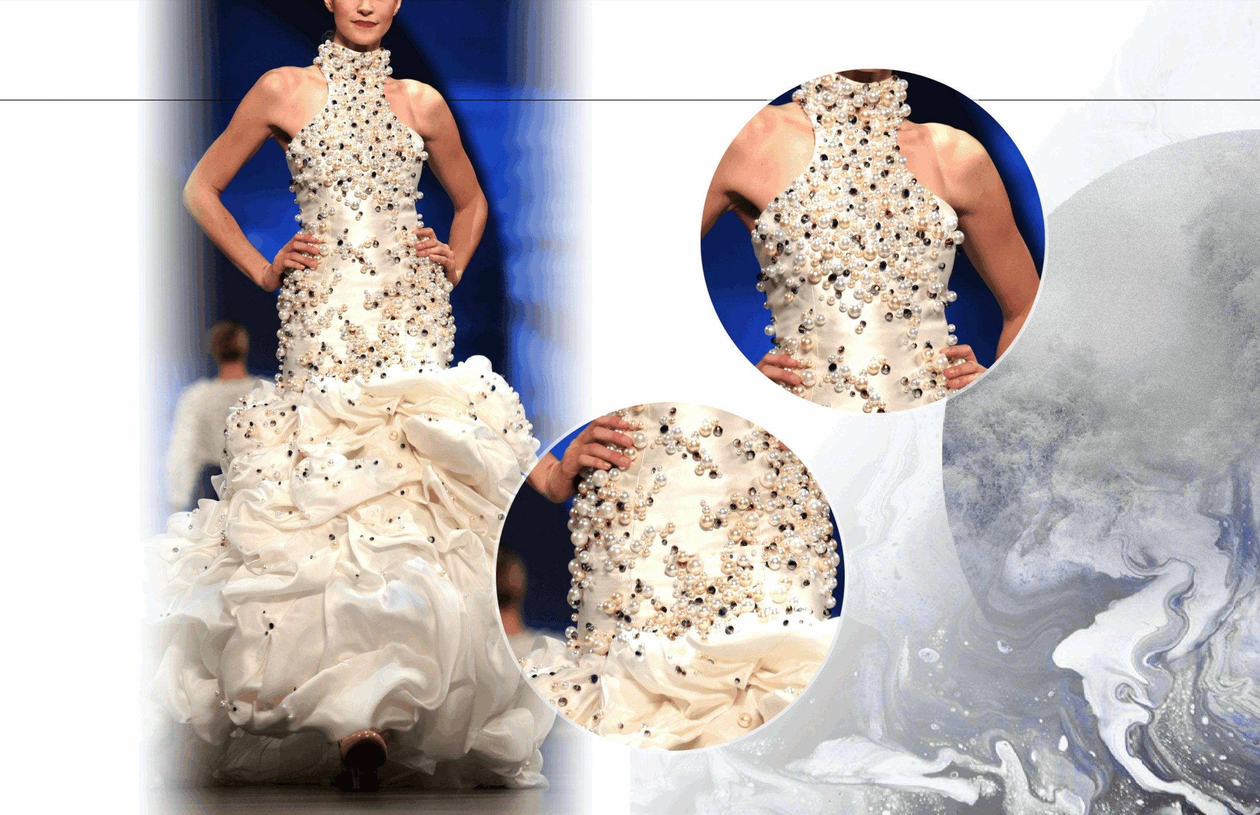 Fashion model in a detailed, textured gown on runway, with close-up views of the dress's fabric and design elements.