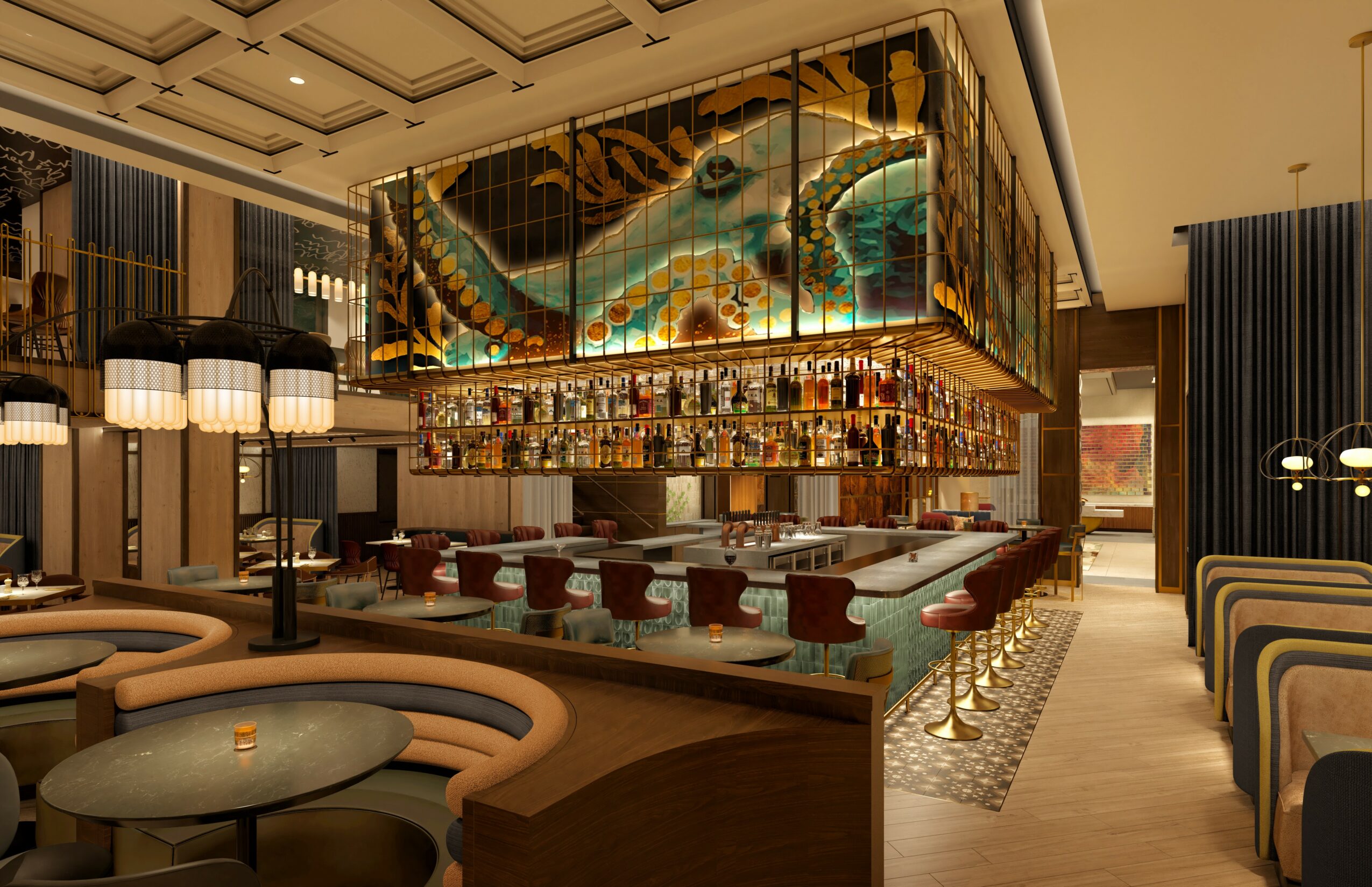 Luxurious bar with a large, colorful dragon mural, bar counter with bottles, and seating area with modern furniture.