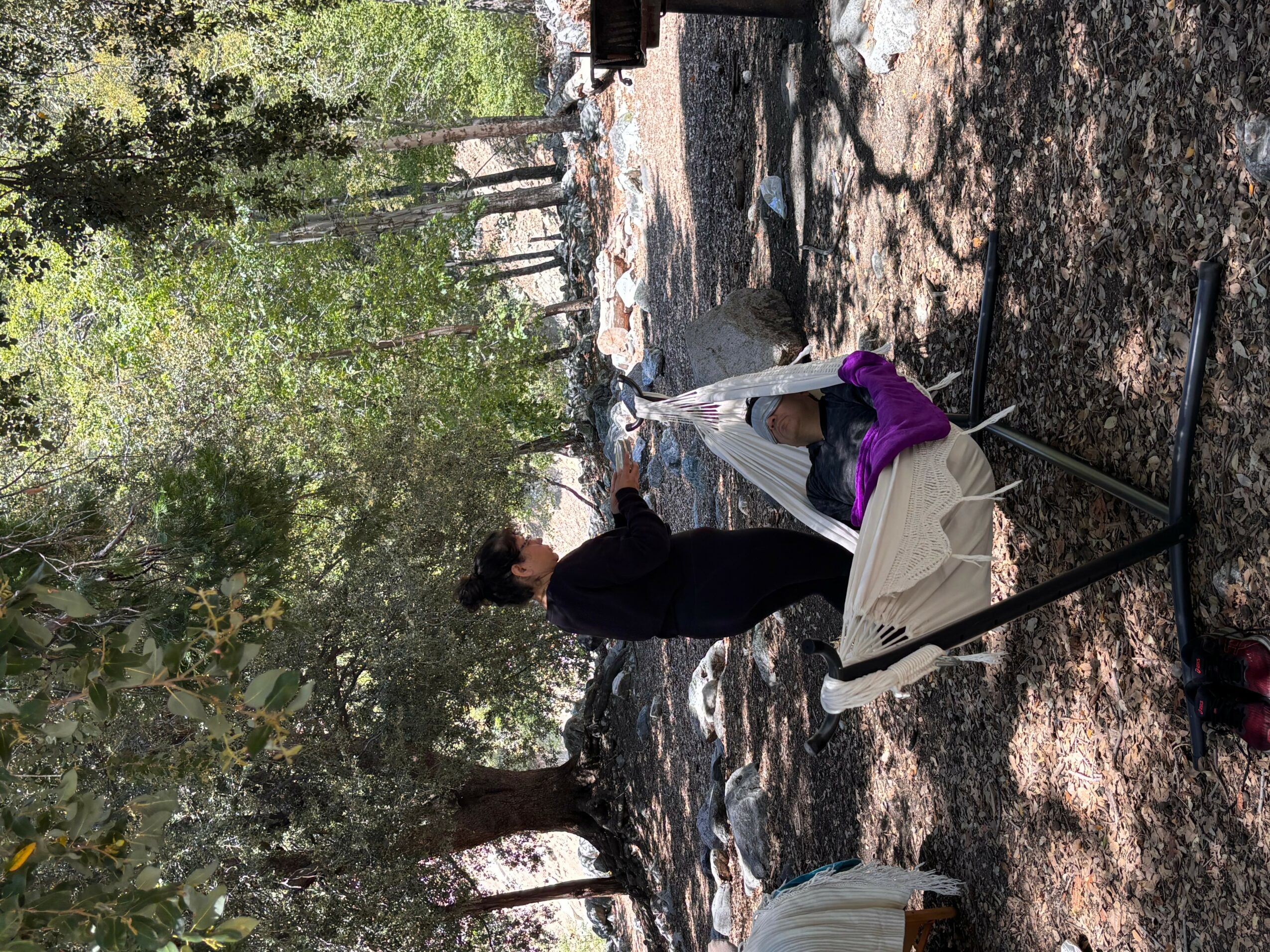 Person sitting on a chair outdoors, surrounded by trees and sunlight, with a bag nearby.