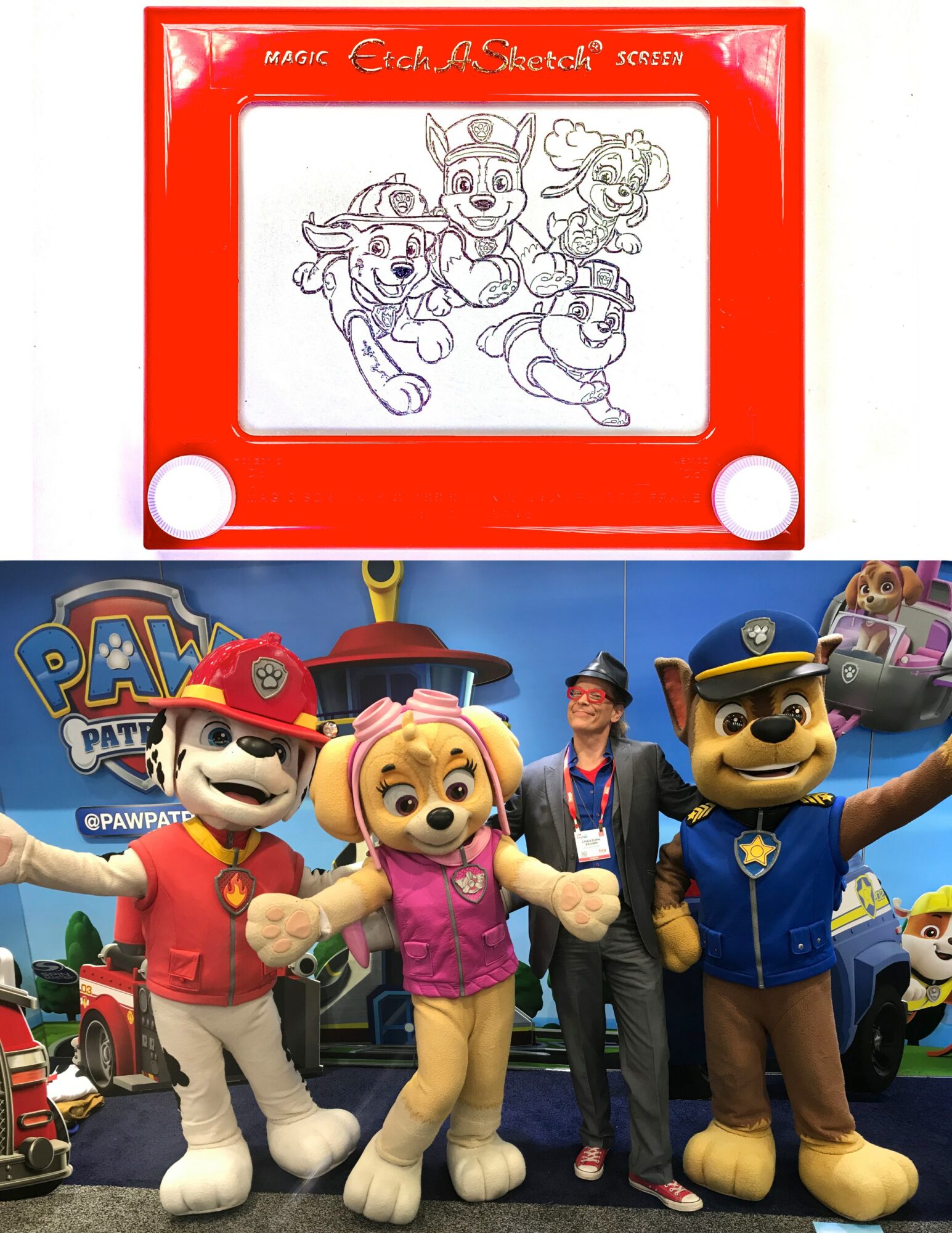 Colorful PAW Patrol characters with a person, set against a themed background, with a red drawing screen at the top.