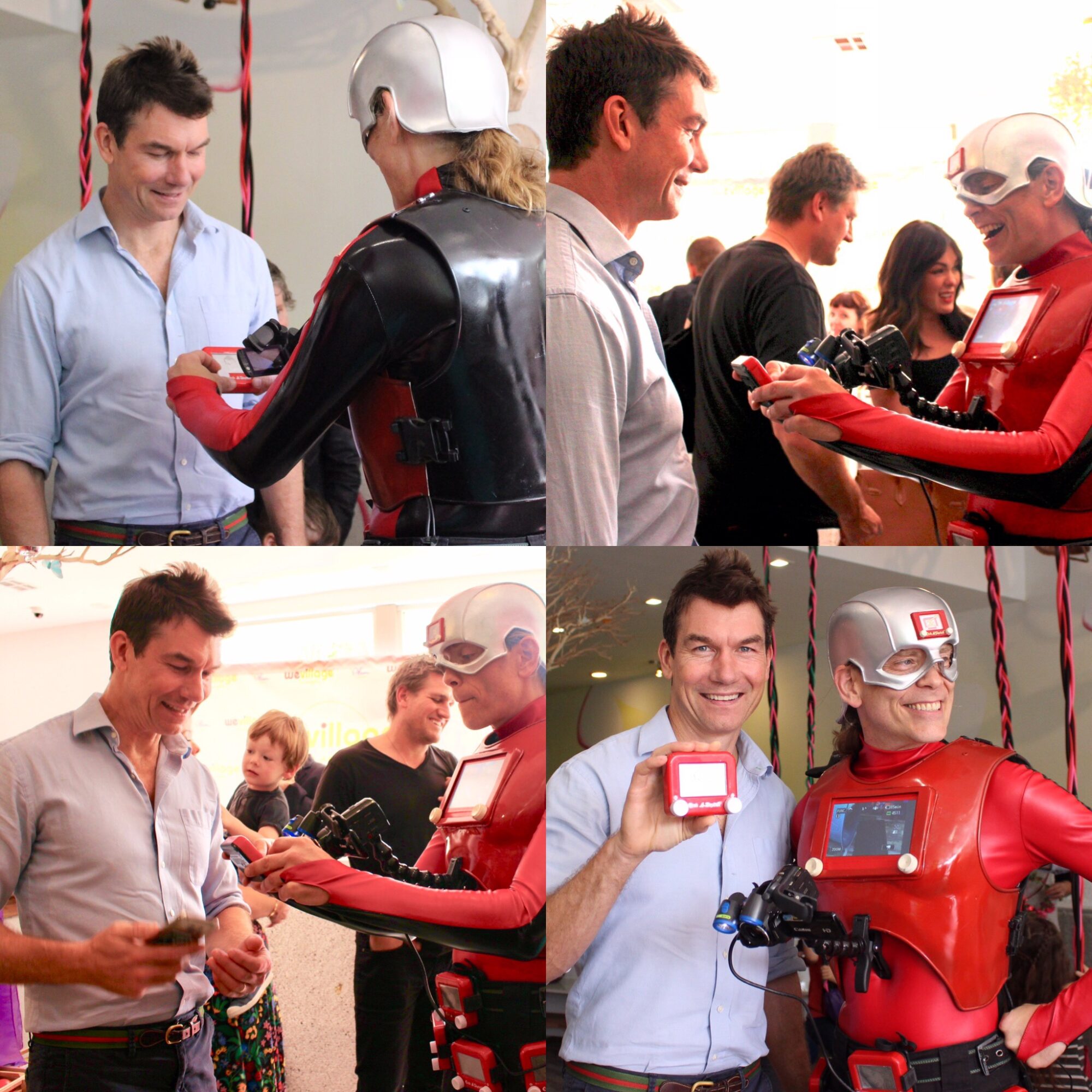 People interacting with a humanoid robot, smiling and exchanging items in a bright indoor setting.