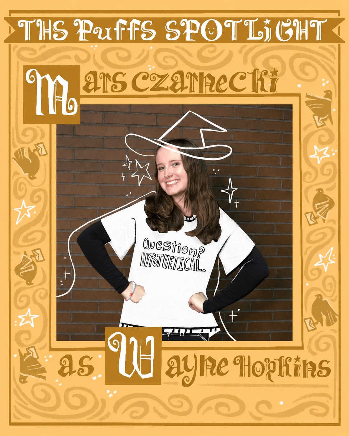 A woman with long hair wearing a white shirt and black sleeves, smiling, standing in front of a brick wall with doodles and text overlay.