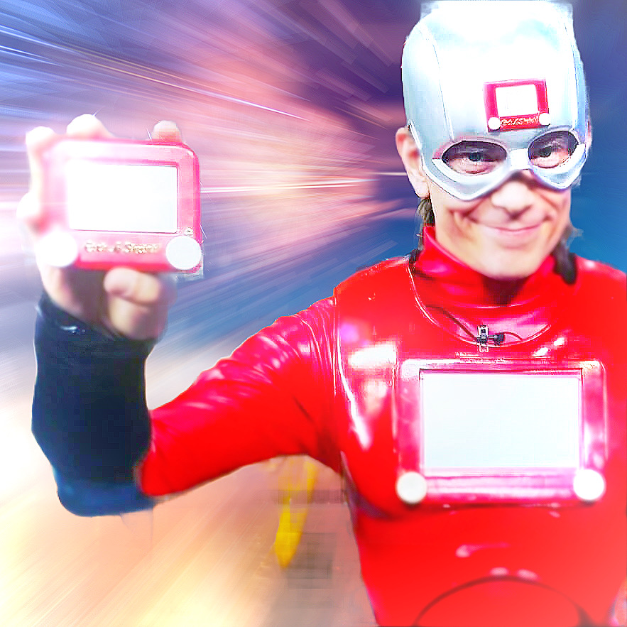 Person in a red costume and mask holding a pink device, smiling, with a colorful blurred background.