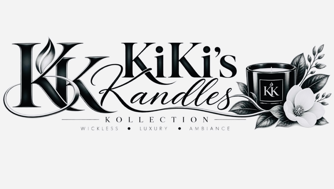 Logo with text 'KiKi's Candles' and a black candle with white flowers, emphasizing luxury and collection.