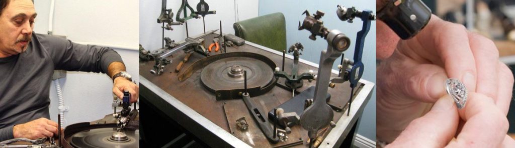 Three images: a person working with a turntable, a laboratory setup with scientific instruments, and a hand holding a ring.