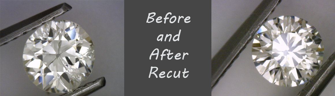 Close-up of a diamond held by tweezers, showing its facets and sparkle, with text in the center reading 'Before and After Recut'.